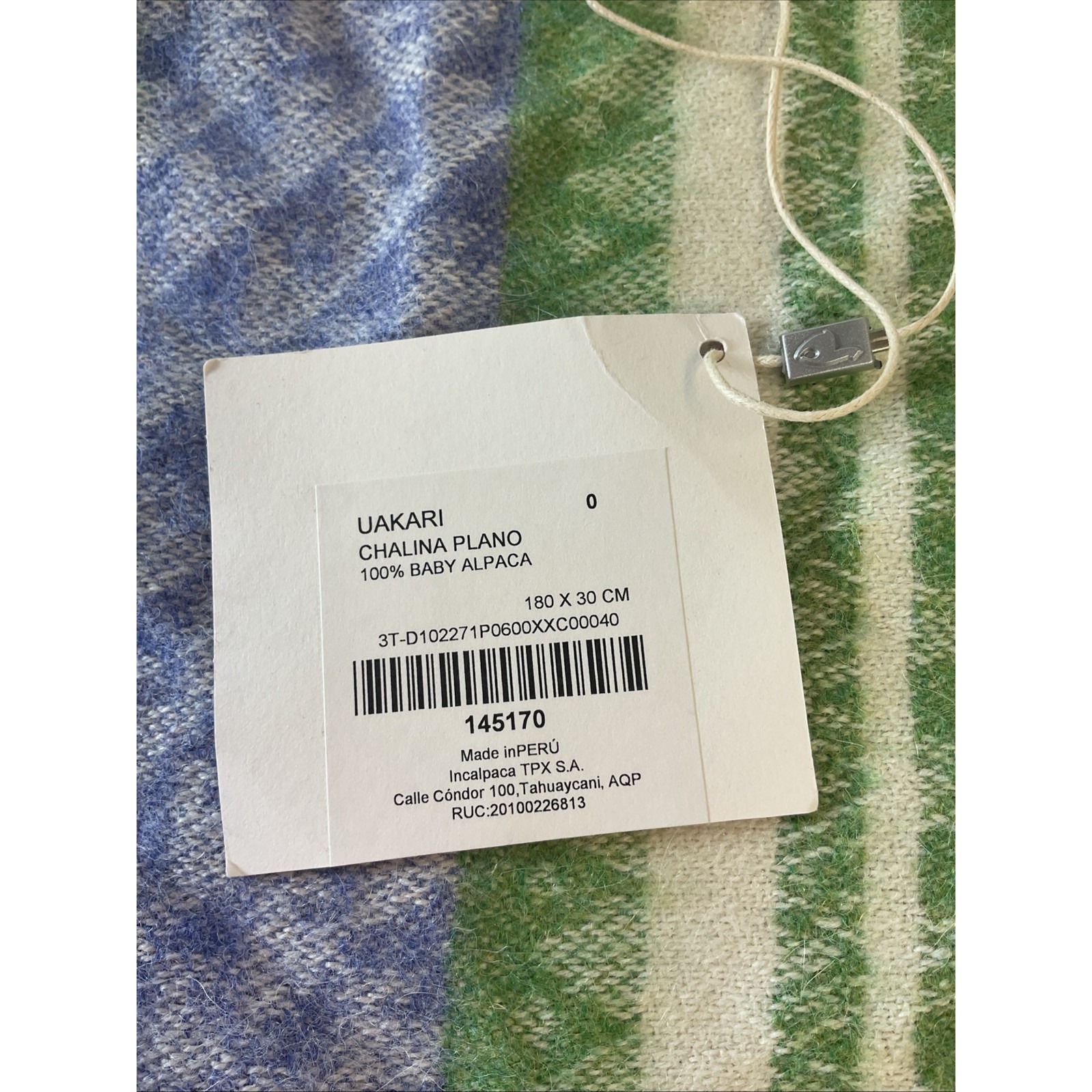 New Imported Kuna Uakari 100% Baby Alpaca Scarf Chalina Plano Blue Green Geo — image 3 of 5